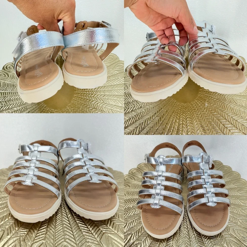 Self Esteem Silver Gladiator Sandals Girls Size 4 Ankle Strap NWT‎